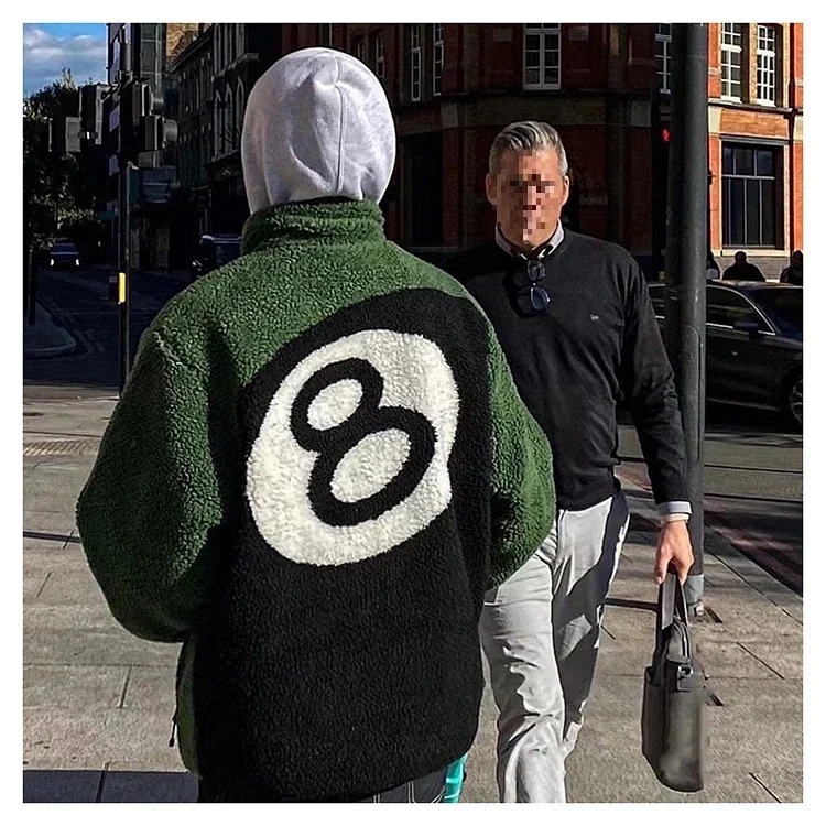 Stussy Black 8-ball imitation lamb wool double-sided coat polar fleece zipper stand collar from OutfitReps