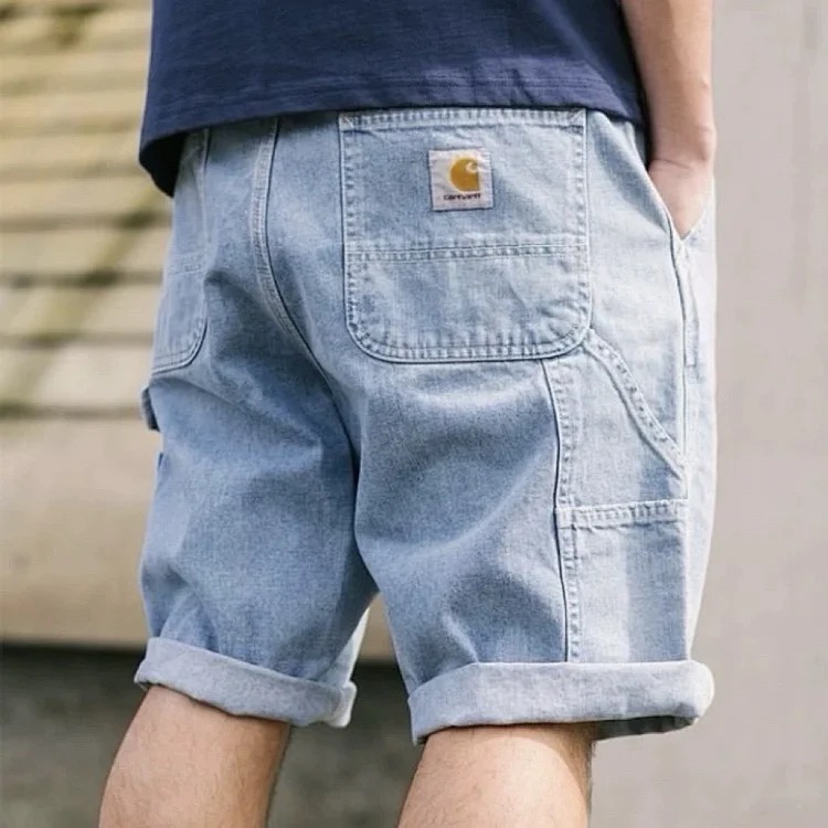 Summer washed solid color workwear denim shorts men's casual street basic all-match shorts from OutfitReps